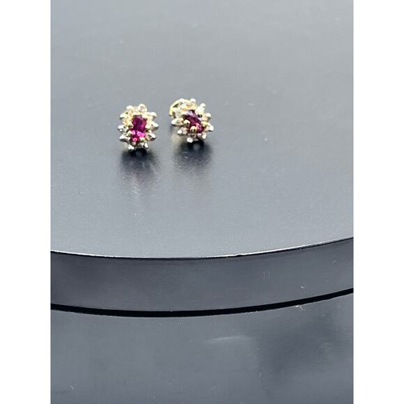 Vintage 14k Two Tone Gold Genuine
Ruby & Diamond Halo Stud Small Earrings - Picture 16 of 16
